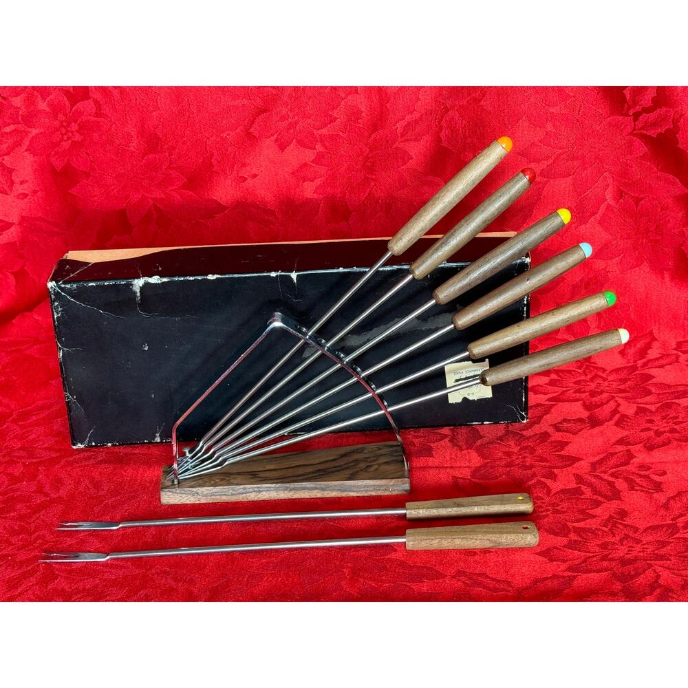 Vintage Teak & Stainless Steel Fondue Fork Set of 8 Forks with Wood Stand & Box
